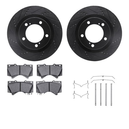 DYNAMIC FRICTION CO 8212-76005, Rotors-Drilled, Slotted-BLK w/Heavy Duty Brake Pads incl. Hardware, SLVGeospec Coat,  8212-76005